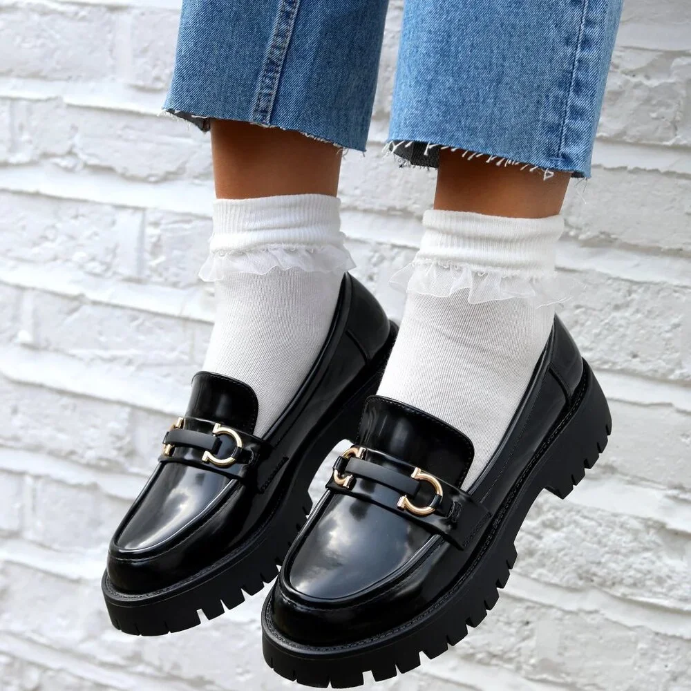 Dream Pairs Black Vegan Patent Leather Platform Loafers Chunky Lug Sole 8.5 7.5‎